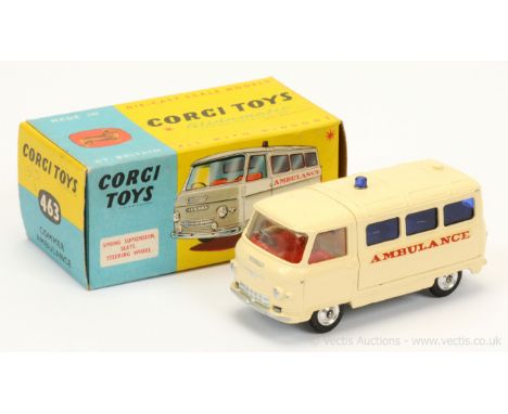 Corgi 463 Commer "Ambulance" - deep cream body, red interior, blue rear windows and roof light, silver trim, spun hubs - Exce