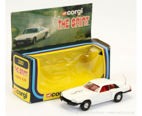 Corgi 320 "The Saint" Jaguar XJS - white, black, red interior, grey plastic aerial, dish wheels (harder to find wheel variati