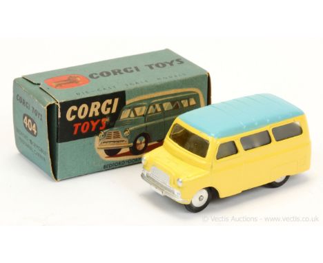 Corgi 404 Bedford Dormobile Personnel Carrier - two-tone pale yellow, light blue ribbed roof, silver trim, flat spun hubs - E