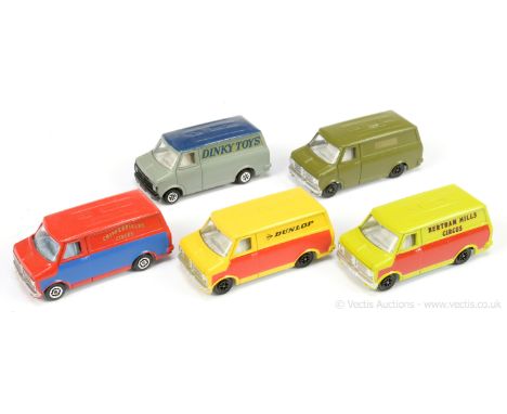 Dinky 410 Promotional Bedford Vans a group of 5 unboxed to include (1) "Bertram Mills Circus" - lime, red side panels, chrome