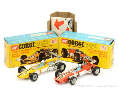 Corgi 158 Lotus Climax Racing Car - two-tone orange, white, cast hubs, race number 8 labels and 159 Cooper Maserati Racing Ca