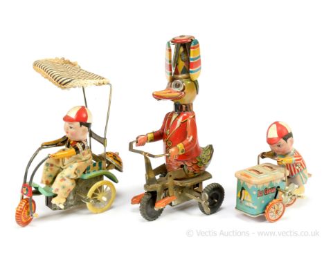 Tinplate a group of three wind-up Novelty Toys to include Duck; Ice Cream Seller and Boy on Tricycle - conditions are general