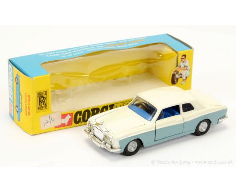 Corgi 273 Rolls Royce Silver Shadow - two-tone pearlescent white/greyish blue, deep blue interior, chrome trim, golden jacks 