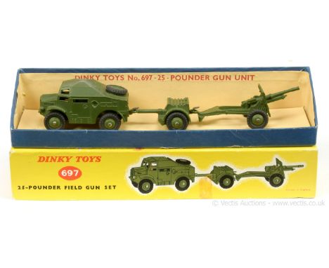 Dinky 697 Field Gun Set to include Tractor - green including ridged hubs with treaded tyres, with figure driver, Ammunition T
