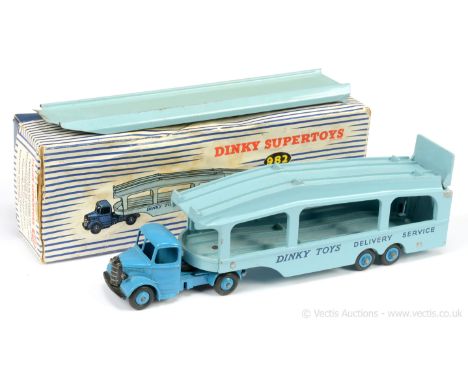 Dinky 982 Bedford Pullmore Car Transporter - mid-blue cab and ridged hubs with smooth tyres, light blue trailer and platforms