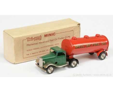 Triang Minic 31M Tinplate Clockwork Mechanical Horse with Tanker Trailer "Shell BP Fuel Oil" - green, black &amp; chrome cab,