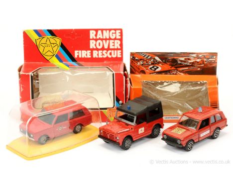 A group of Fire Related Vehicles to include; Polistil CE79/A Range Rover "Fire Rescue" - red, black base &amp; interior, blue