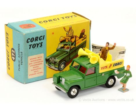 Corgi 472 Land Rover Public Address Vehicle "Vote For Corgi" - green, yellow plastic back with 2 x figures, red interior, sil