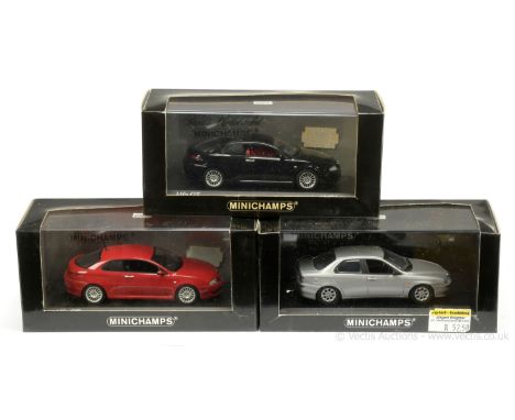 Minichamps (1/43rd scale) a group of Alfa Romeo models to include (1) GT - black (Ltd 1/3024), (2) same as (1) but red, black