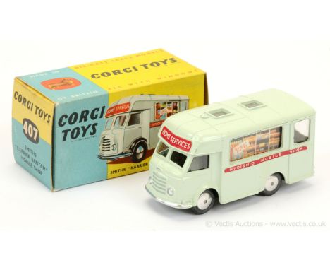 Corgi 407 Smith's Karrier Bantam Mobile Shop "Home Services" - pale green, silver trim, flat spun hubs with treaded tyres - E