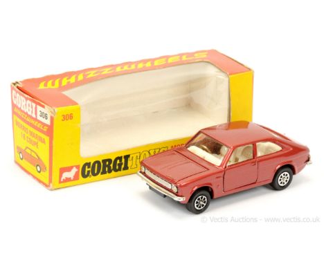 Corgi 306 Whizzwheels Morris Marina 1.8 Coupe - dark metallic red, white interior, chrome trim, black base - overall conditio