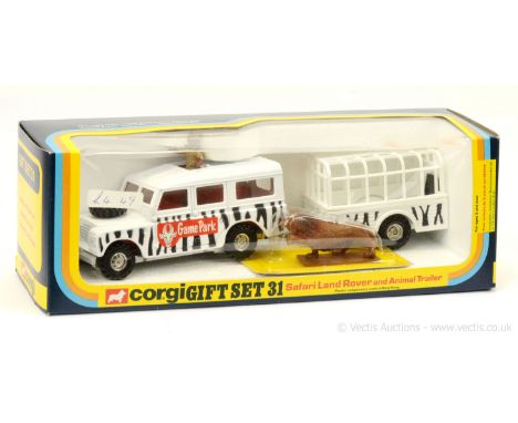 Corgi GS31 Gift Set to include Safari Land Rover "Game Park" - white with black stripes, red interior with figure in sunroof 