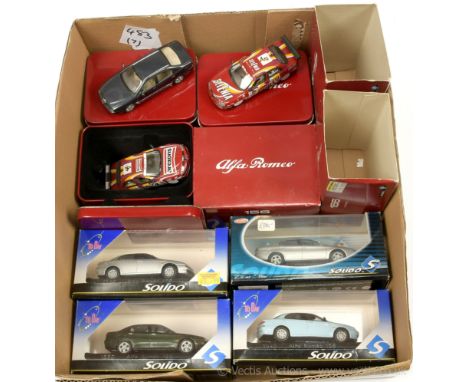 Solido (1/43rd scale) a group of Alfa Romeo models to include 1548 156 - silver; 1549 another but pale blue; 1550 166 - silve