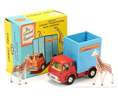 Corgi 503 Bedford TK "Chipperfields Circus" Giraffe Transporter - red cab &amp; chassis, blue plastic back with 2 x giraffe f