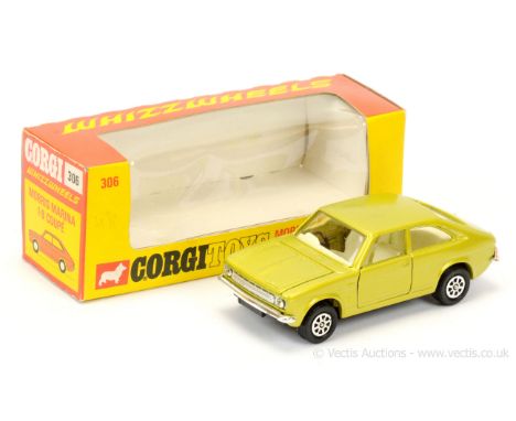 Corgi 306 Whizzwheels Morris Marina 1.8 Coupe - metallic green, white interior, chrome trim, black base - Mint (couple of ver