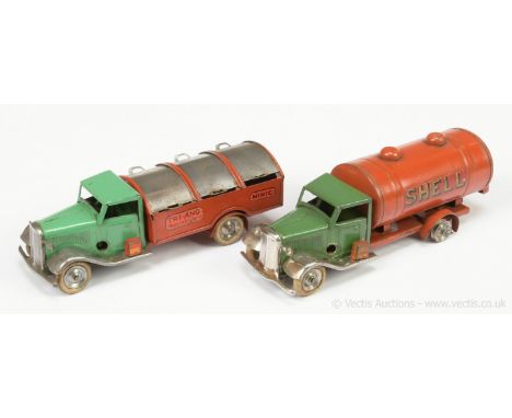 Triang Minic tinplate clockwork pair (1) 32M Dust Cart - light green cab, red chassis and back, chrome trim and metal slides 