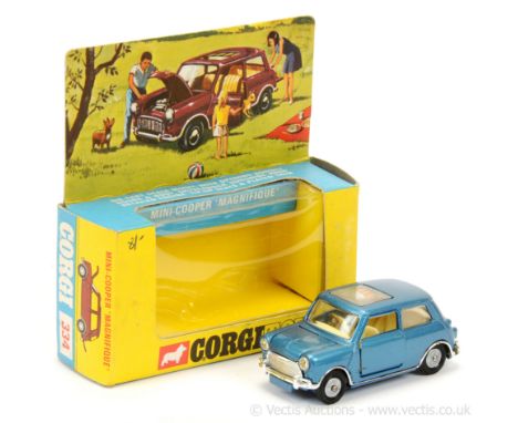 Corgi 334 Mini Cooper "Magnifique" - blue body, yellow and red roof panel, cream interior, chrome trim, cast hubs - Near Mint