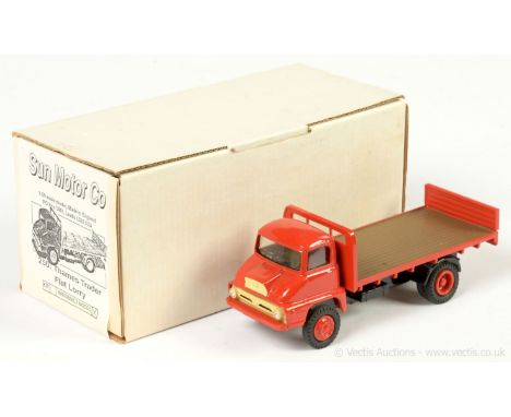 Sun Motor Co (1/50th scale) White Metal Thames Trader Flat Lorry - finished in red, black chassis, brown flatbed and comes wi