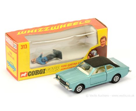 Corgi 313 Whizzwheels "Graham Hill" Ford Cortina GXL - metallic aqua, black roof, white interior, chrome base - Mint - beauti