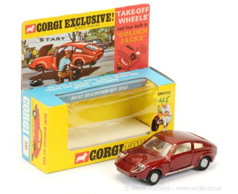 Corgi 341 Mini Marcos GT850 - maroon body, white interior, grey base, with golden jacks take-off wheels - Near Mint (couple o