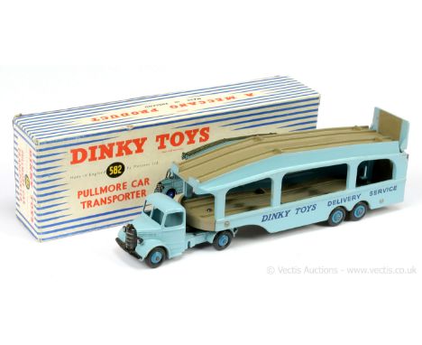 Dinky 582 Bedford Pullmore Car Transporter - light blue cab and trailer with fawn platforms, mid-blue ridged and Supertoy hub