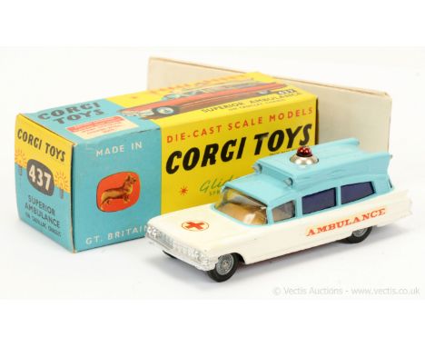 Corgi 437 Superior "Ambulance" - two-tone blue, white, silver trim, cast hubs, red battery operated roof light - Excellent - 