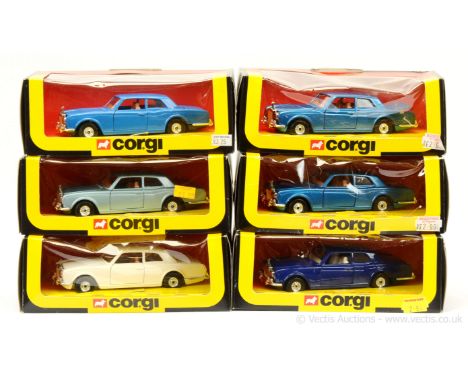 Corgi 279 Rolls Royce Corniche - a group of 6 (1) ivory, brown interior, chrome trim; (2) blue body; (3) light metallic blue;