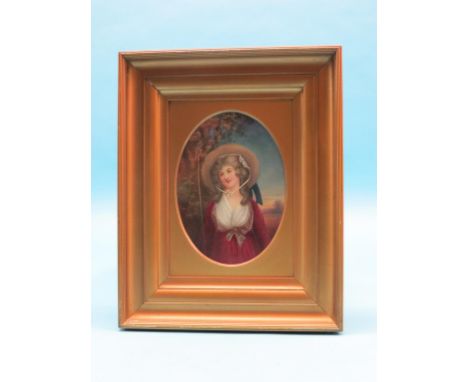 Leslie Johnson - a porcelain plaque, half-length portrait entitled verso, The Shepherdess, signed and signed and dated verso 