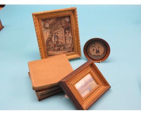 A sketch book, 1912-13, three various photograph albums, small circular framed cartoon, 3in., and two other framed pictures