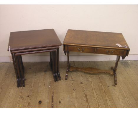 A small burr walnut sofa table, with two drawers, 2ft. 2in., and a mahogany nest of three tables