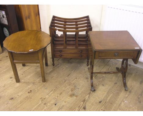 A mahogany Canterbury, with two drawers, together with a miniature mahogany sofa table and a circular oak work table 