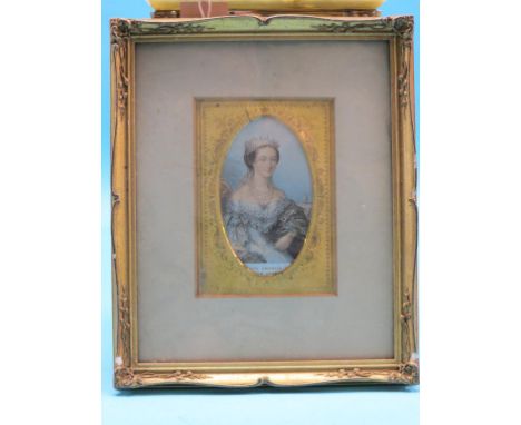 A Victorian Baxter portrait print, Eugenie, Empress of the French, pair of Victorian oils on board and a comical chromolithog