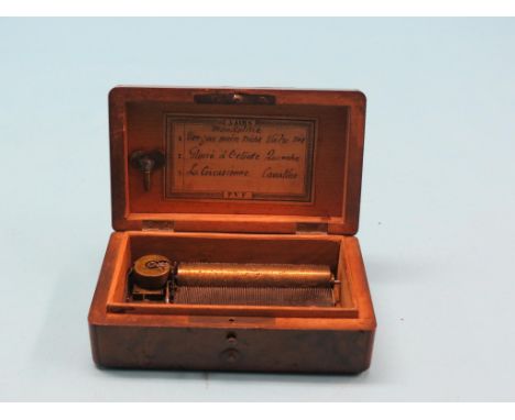 A 19th century PVF miniature cylinder musical box, playing three airs according to tune sheet, single-piece comb, burr walnut
