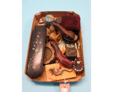 A Victorian papier mache pen case, toroiseshell miniature lute, two carved cheroot holders, etc. 
