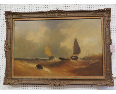 A large 19th century Dutch marine oil on canvas, light sailing vessels on rough coastline waters, middle-distant windmill, un