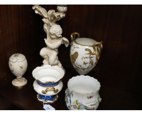 A Victorian Copeland cherub candelabrum, kneeling figure holding twin-flower sconces, 15in., Davenport two-handled bulb pot, 