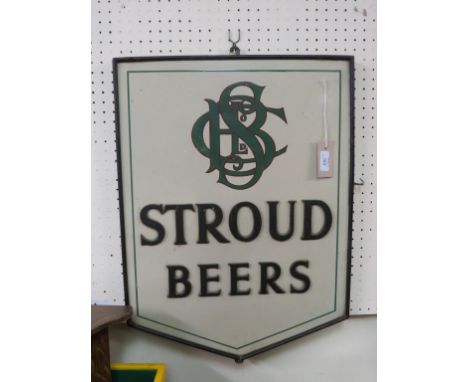 An enamel advertising sign, Stroud Beers, cream with raised black lettering, green monogram, in wood frame, 24in. high