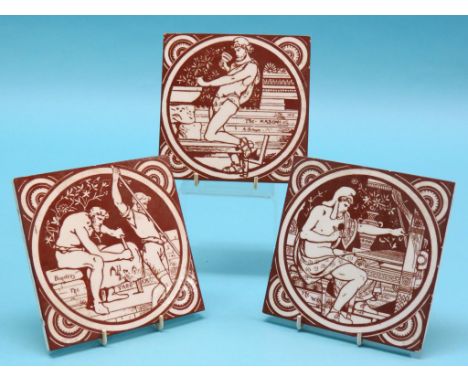 A set of six Victorian Minton ceramic tiles, Industrial series, designed by John Moyr Smith, moulded marks, 6in. square