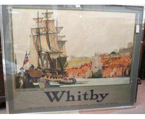 A large LNER poster, Whitby, colour lithograph, Capt. Cook Embarking 1776 after Fred Taylor, 40 x 50in. - framed; repaired te