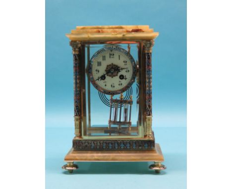A 19th century onyx and champleve enamel four-glass mantel clock, bright enamels about dial, Corinthian columns and base, Fre