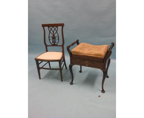 A late Victorian inlaid mahogany piano stool, on cabriole legs, and an Edwardian inlaid mahogany single chair, as viewed 