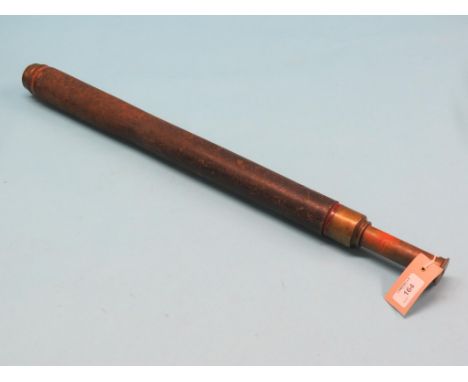 A 19th century telescope, signed M. Berge, London, Late Ramsden, leather-bound, 32in. max.
