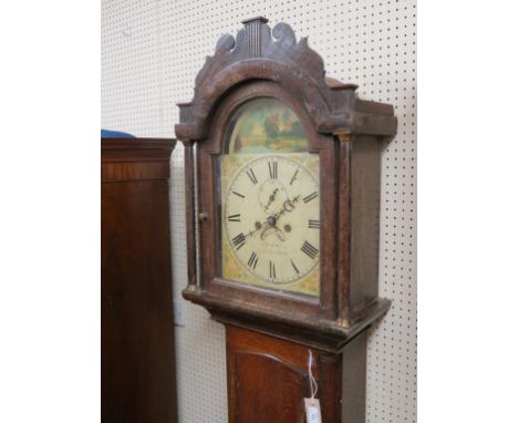 A George III 8-day longcase clock, 12in. painted, arched dial signed Argdnt, Colchester, bell-striking movement with anchor e