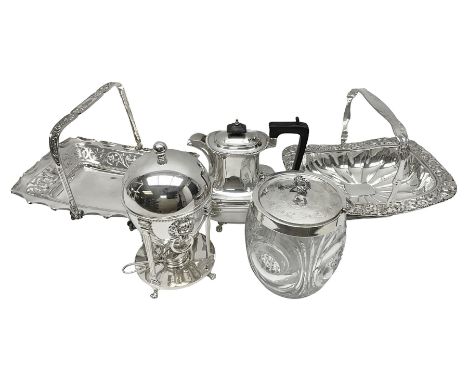 Edwardian silver plated swing handled basket, with pierced sides, engraved May 18 1904, with engraved initial A to handle, up