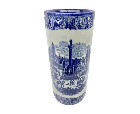 Blue and white umbrella stand, decorated with transfer print decorated with city scape, H43cm
