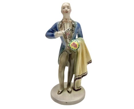 Goldscheider figure, modeled as a gentleman with flowers, upon a circular base, with printed mark beneath, H25cm
