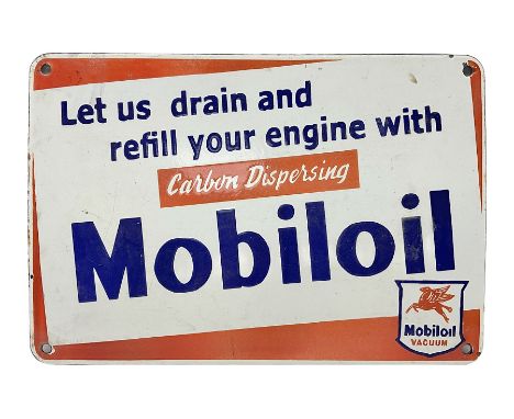 Enamel Mobiloil 'Let us drain and refill your engine' rectangular sign, reproduction, H28cm, L41cm 