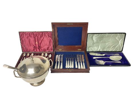 Silver plated soup tureen, with cover and ladle, together with three sets of cased silver plated cutlery including mother of 