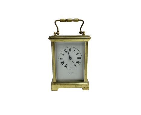 French - 20th century timepiece carriage clock, in a corniche case with carrying handle, enamel dial with Roman numerals, min