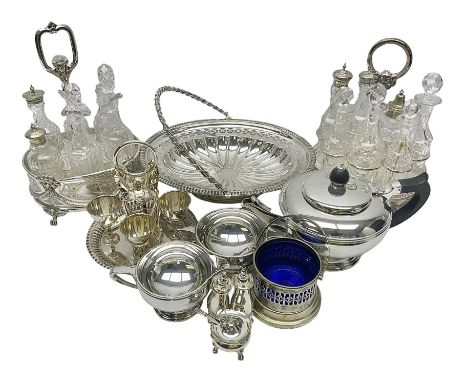 Mappin &amp; Webb silver plated three piece tea service, comprising teapot, milk jug and open sucrier, together with a collec